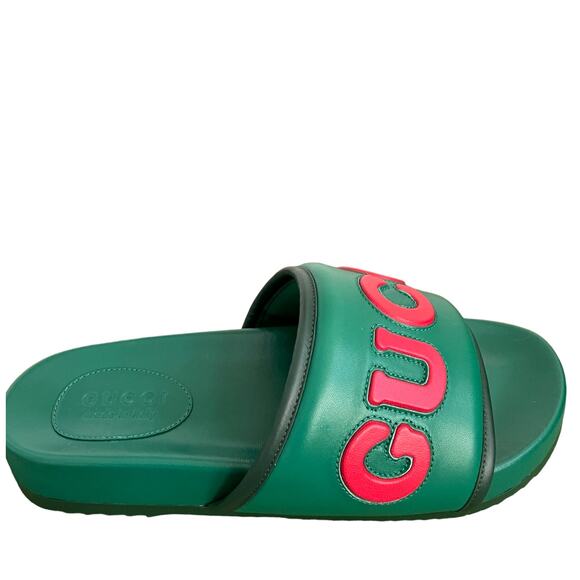 GUCCI  Jumbo Logo Embossed Slide Sandals Italian Leather Green Men's Size G9 NEW - Picture 8 of 12